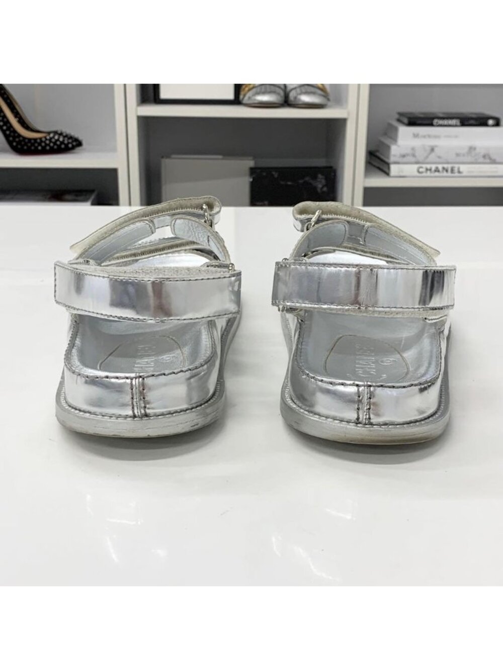 Chanel Leather CC Logo Velcro Sandals Silver - Picture 5 of 10